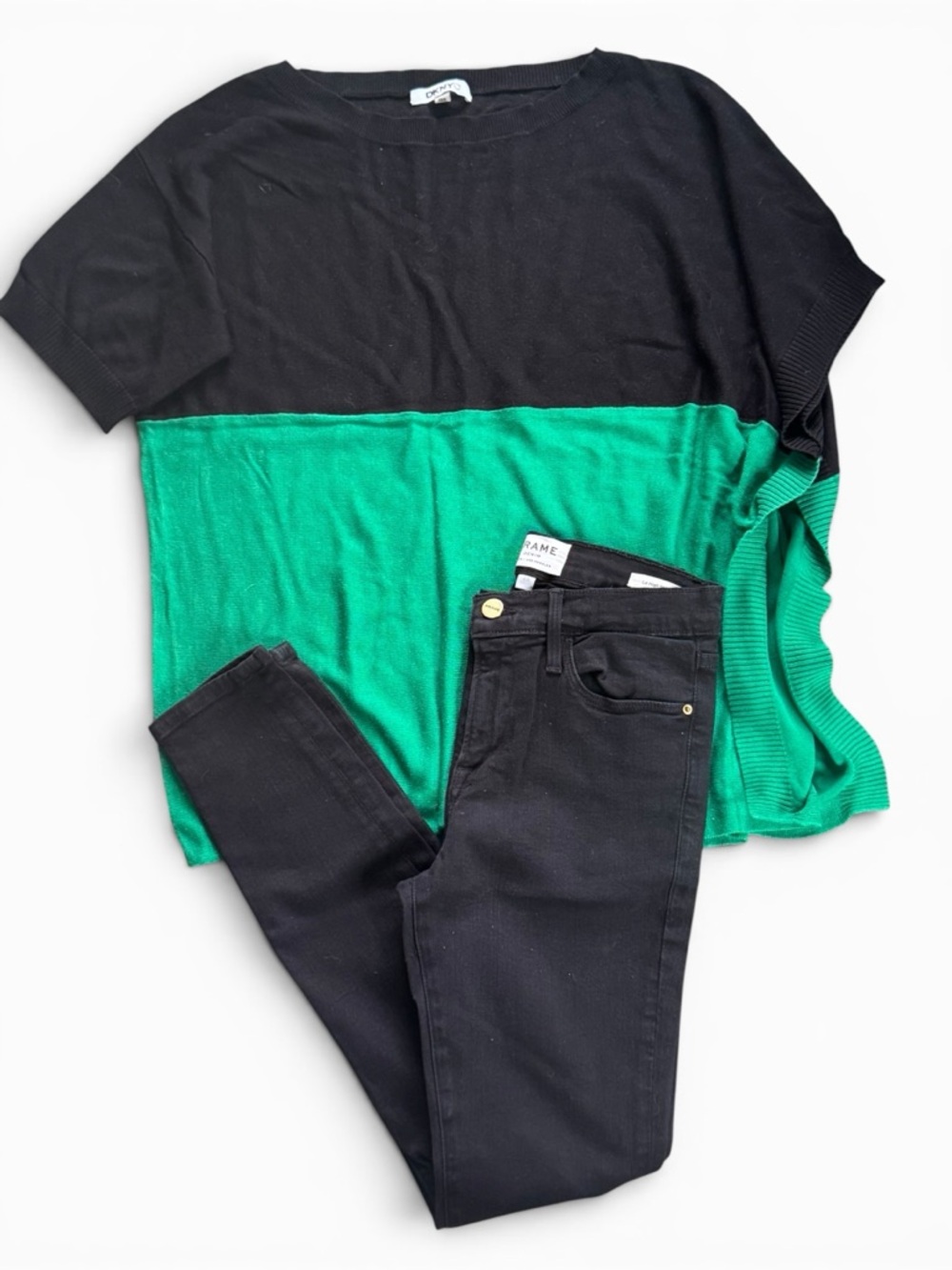 FRAME 🛍️Le Skinny Denim Jeans 25 Outfit DKNYC Green Knit Draped Top XS/S